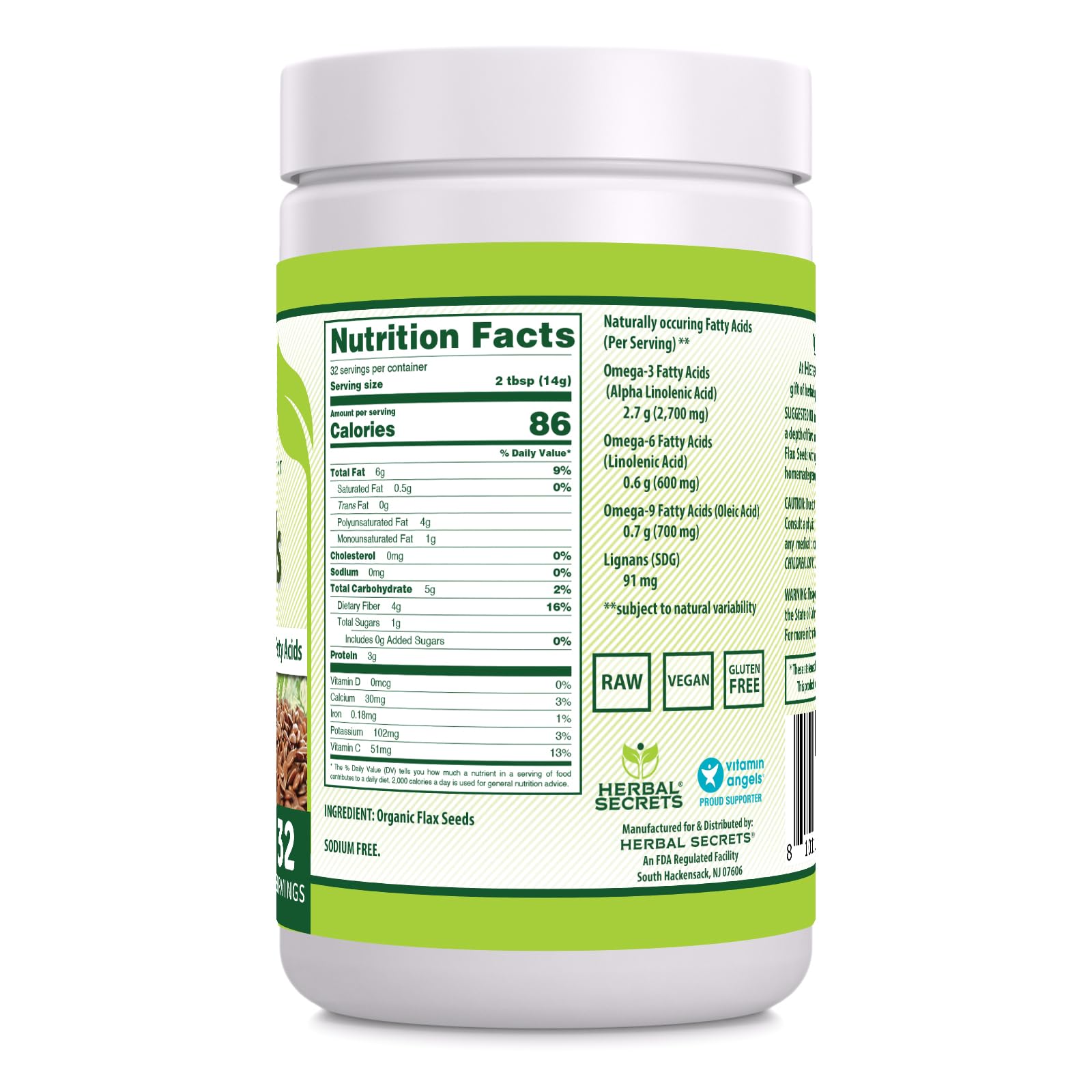 Herbal Secrets USA imported premium alsi seeds product packaging displaying nutritional facts