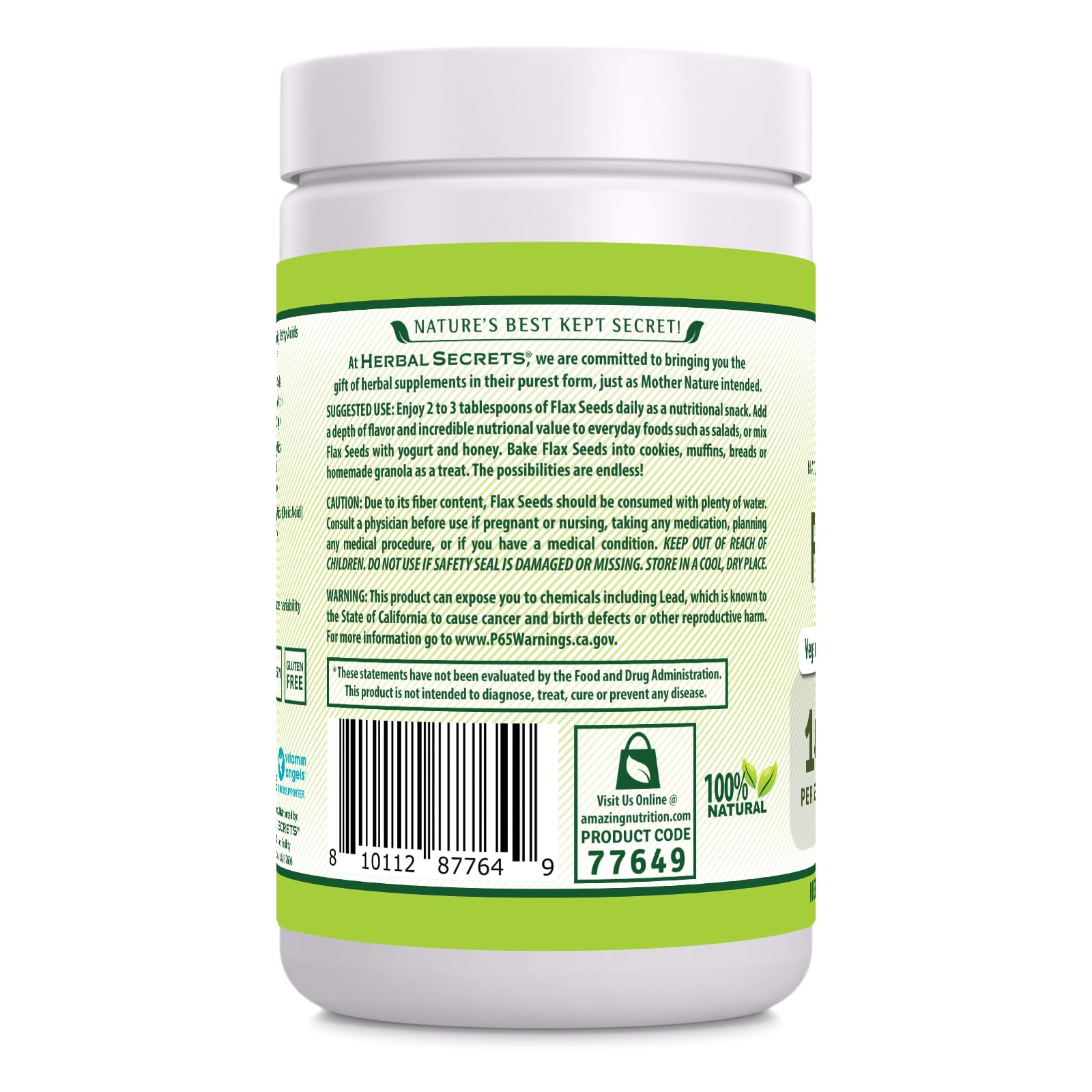 Herbal Secrets natural dietary supplement flaxseeds one pound jar highlighting certified organic seal