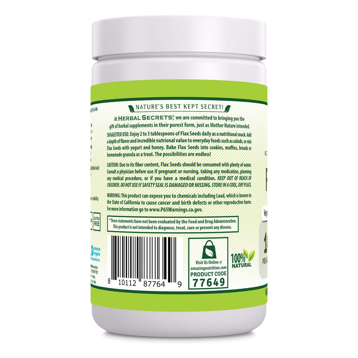 Herbal Secrets natural dietary supplement flaxseeds one pound jar highlighting certified organic seal