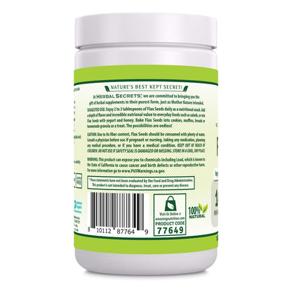 Herbal Secrets natural dietary supplement flaxseeds one pound jar highlighting certified organic seal