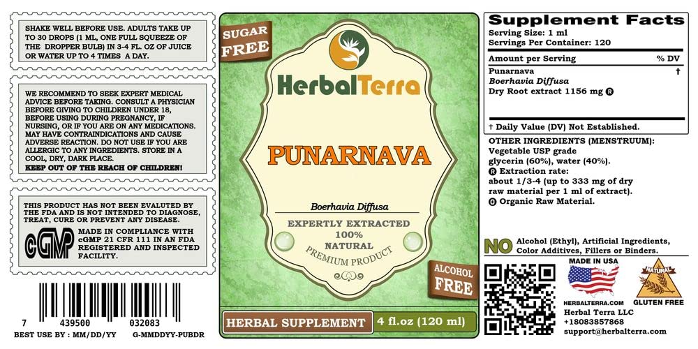 Herbal Terra Punarnava Dried Root Ayurvedic supplement dropper and label details