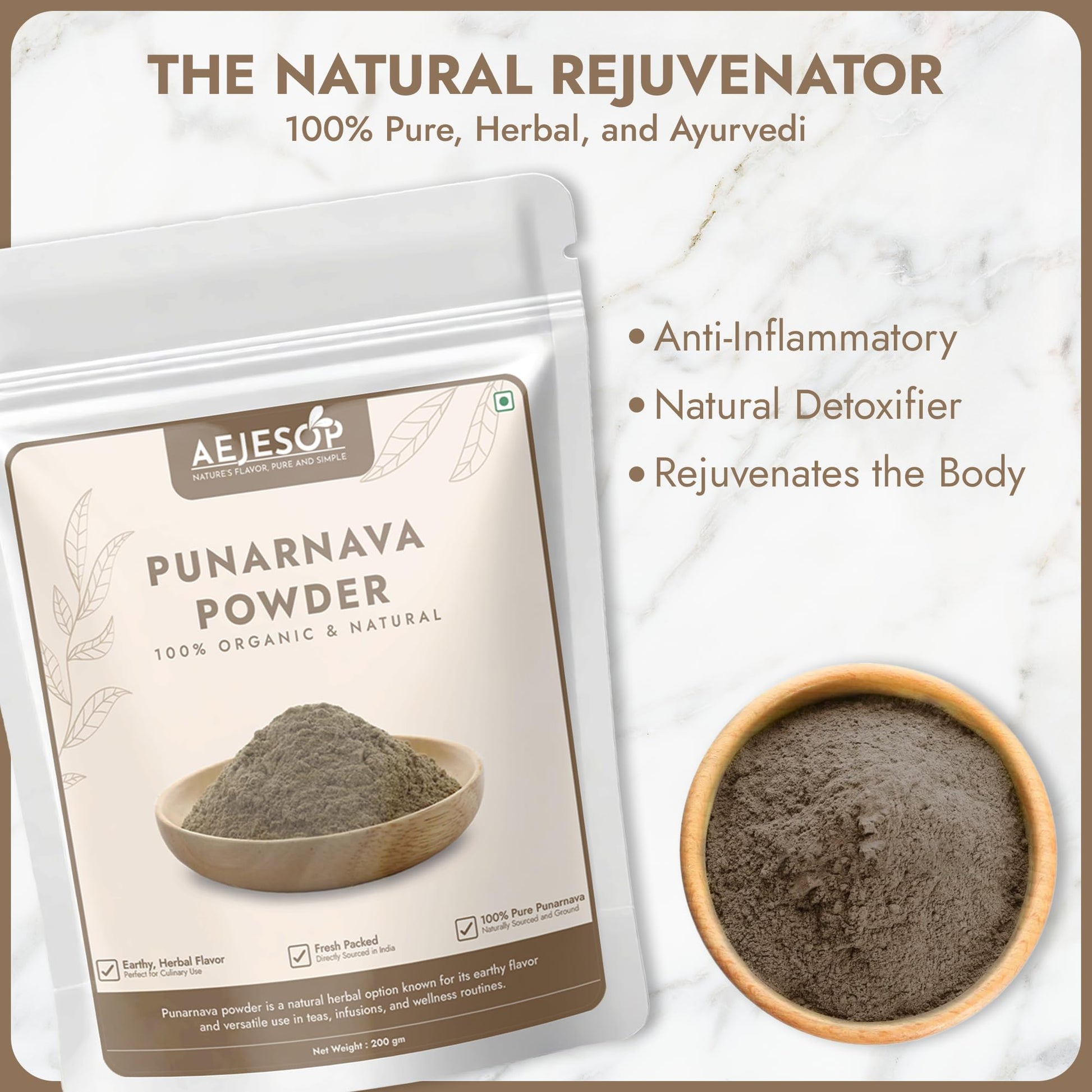 Back label of Aejesop Punarnava supplement bag with nutritional details and suggested use instructions.