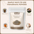 Organic Punarnava Powder by Aejesop displayed next to a prepared herbal tea infusion cup.