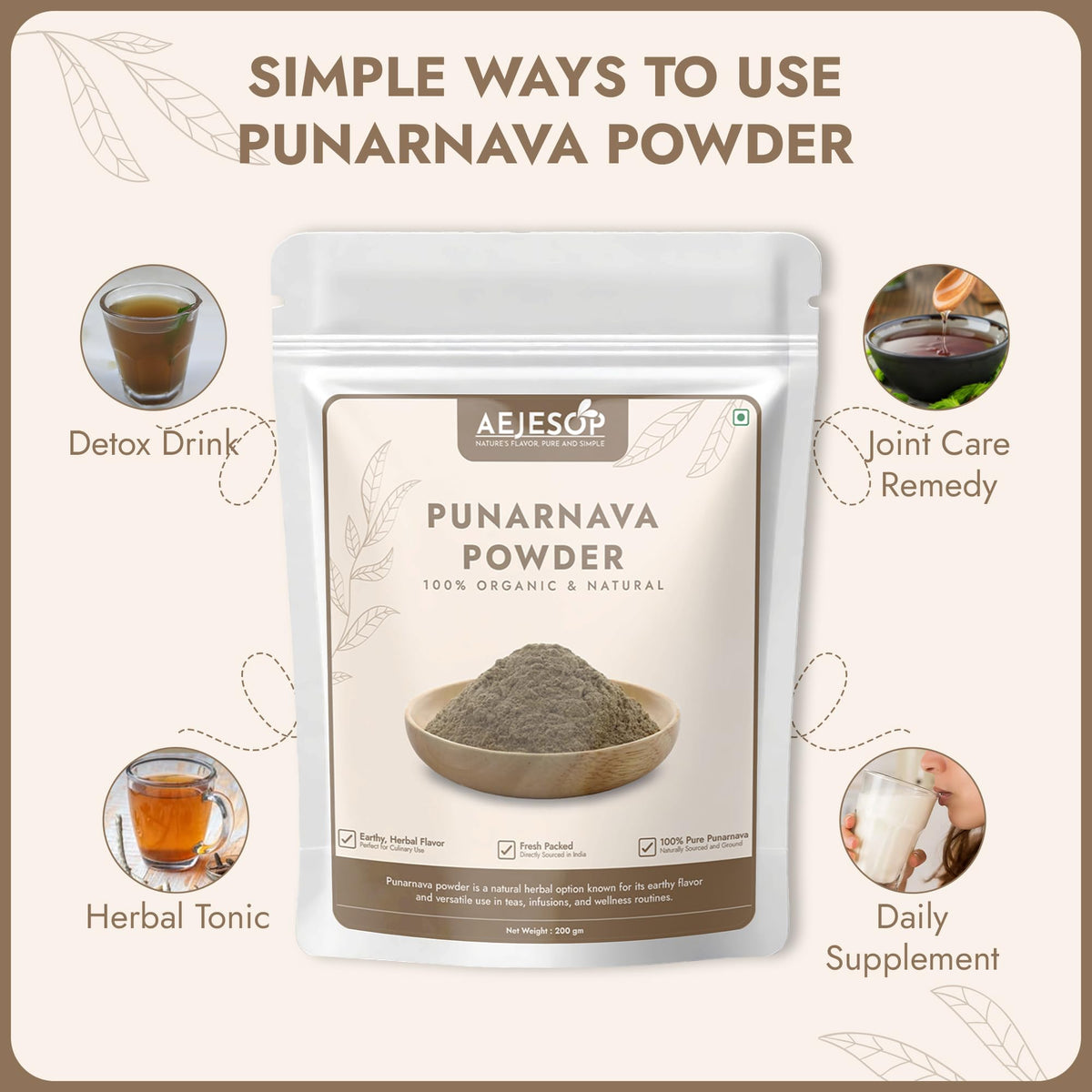 Organic Punarnava Powder by Aejesop displayed next to a prepared herbal tea infusion cup.