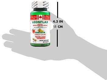 Side angle of Leonflax flaxseed capsules bottle showing the detailed product ingredients list