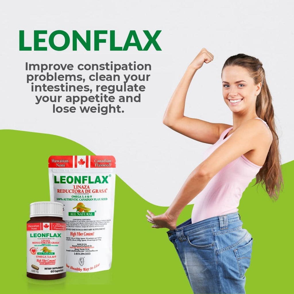Leonflax 1000 mg dietary fiber supplement bottle displaying organic Canadian flaxseed sourcing