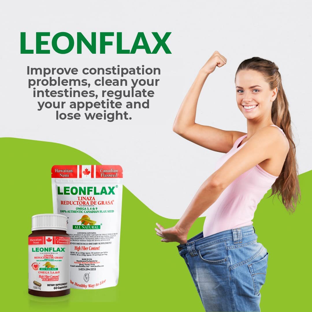 Leonflax 1000 mg dietary fiber supplement bottle displaying organic Canadian flaxseed sourcing