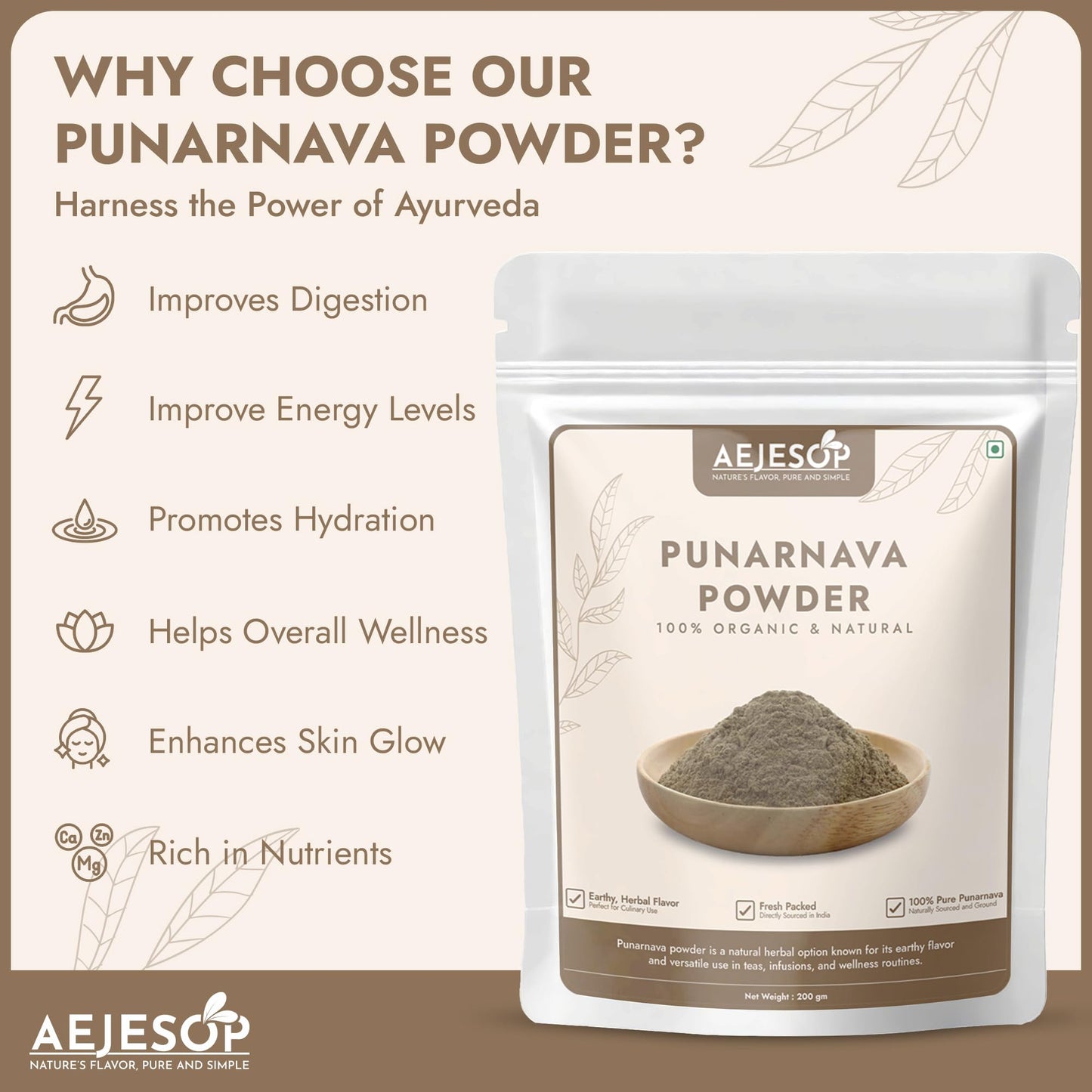 Side angle view of the authentic USA imported Aejesop Ayurvedic root powder bag.