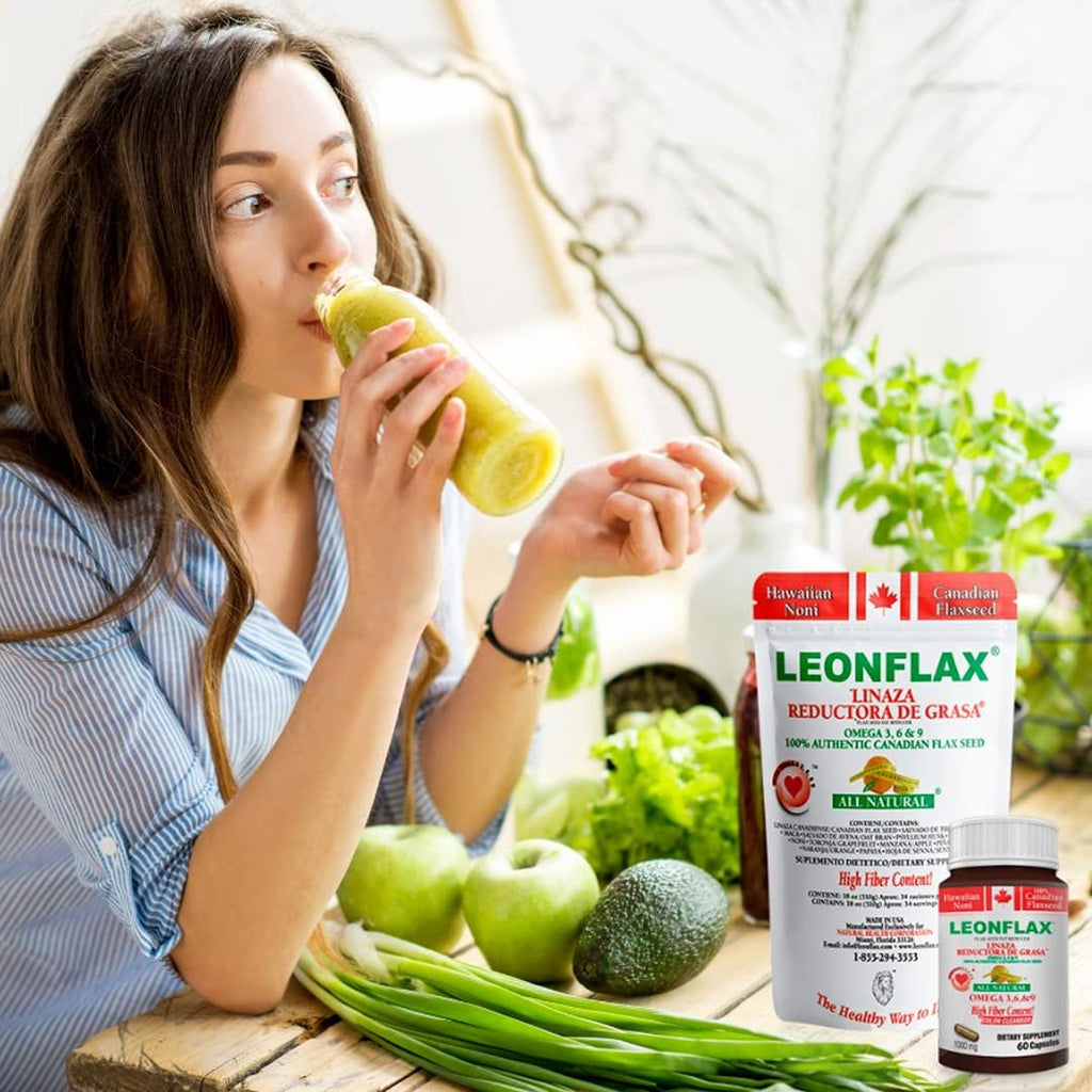 Back label view of Leonflax linaza capsules displaying clear daily usage instructions