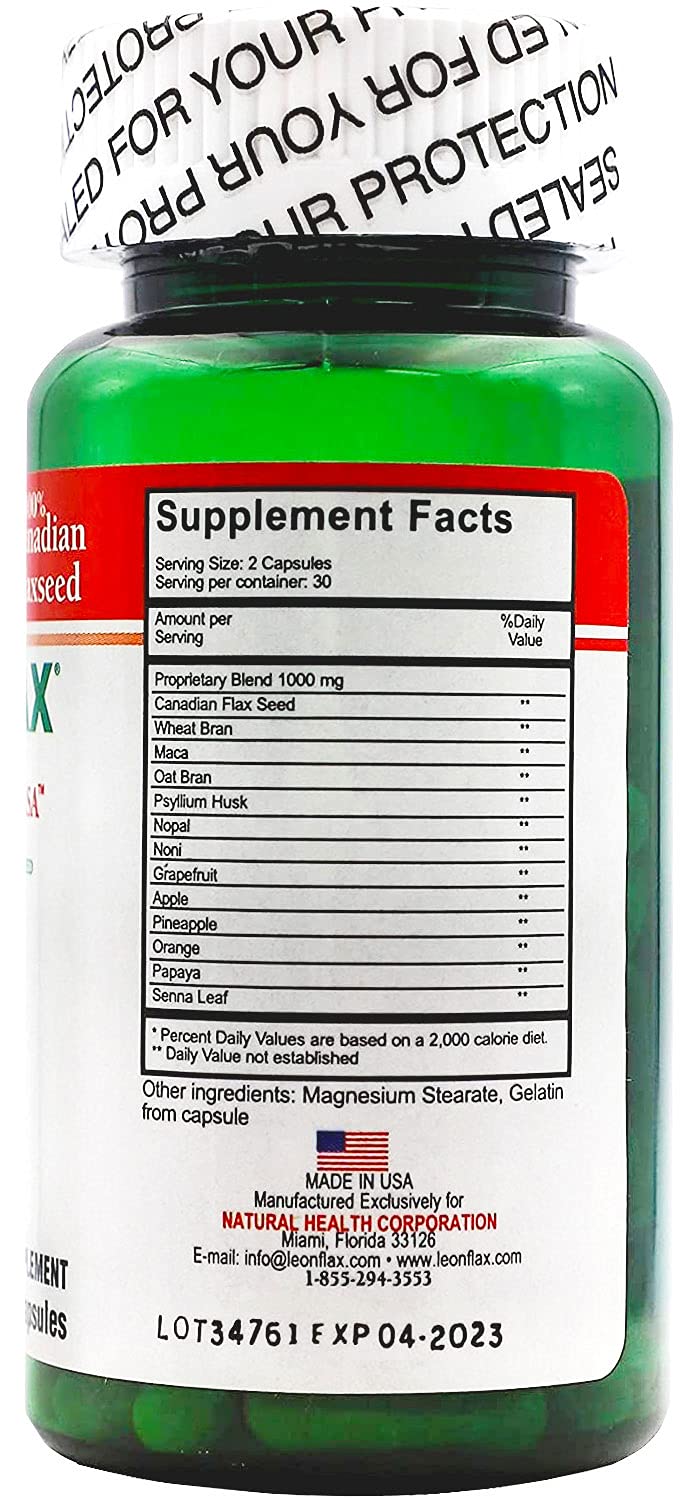 Close up view of authentic Leonflax imported health supplement packaging seal