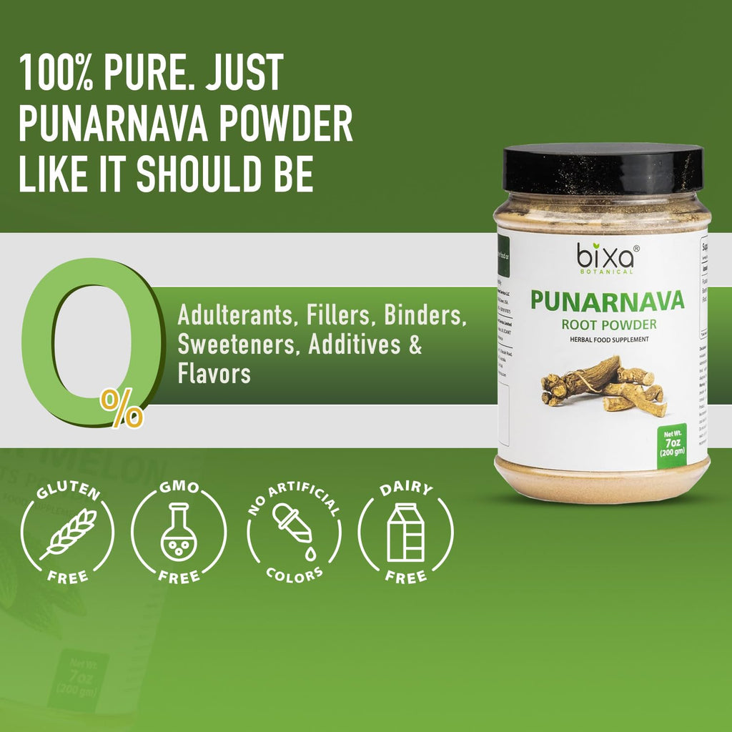 Bixa Botanical Punarnava root supplement alongside an open jar showing seals