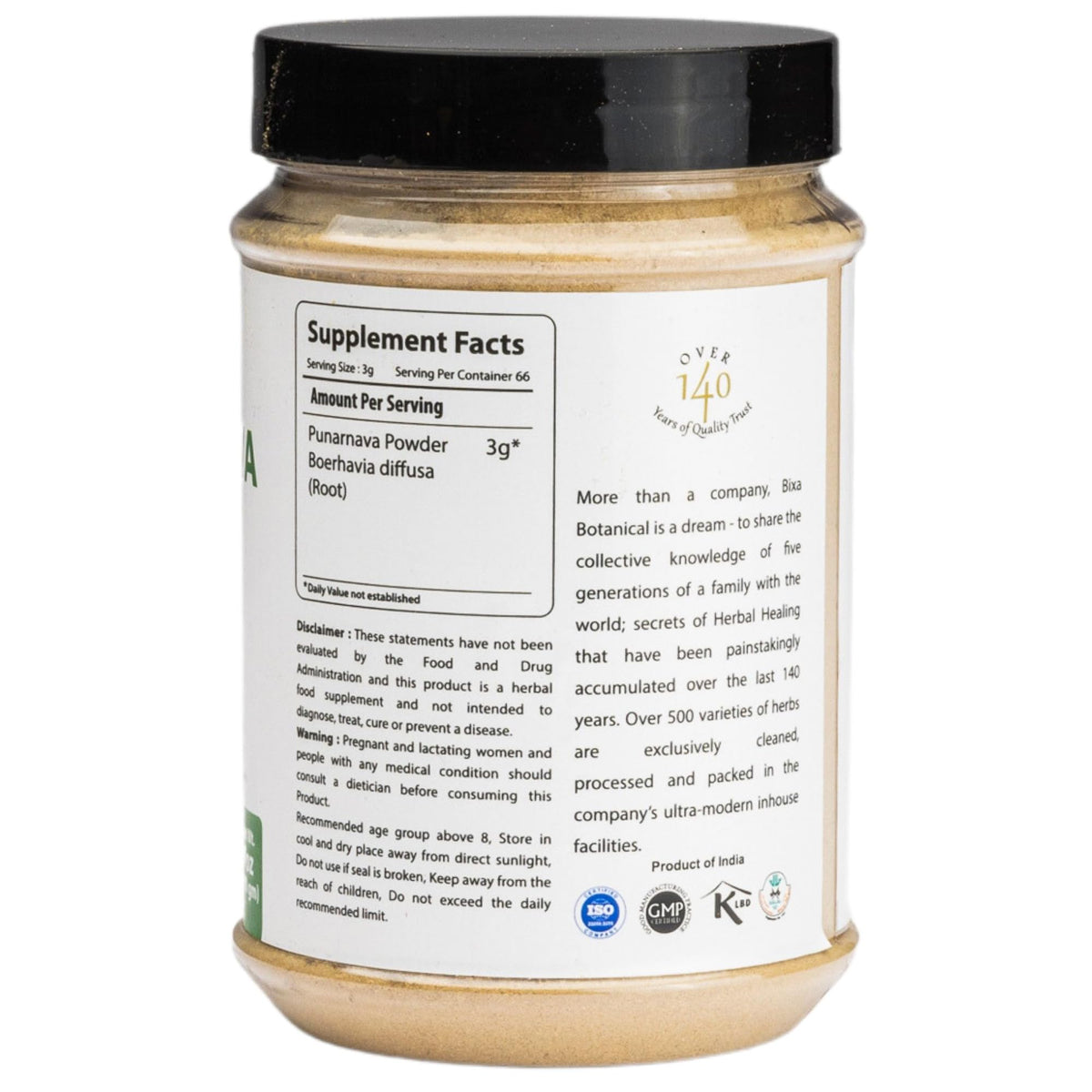 Authentic Bixa Botanical ayurvedic powder jar showing gluten free and vegan details