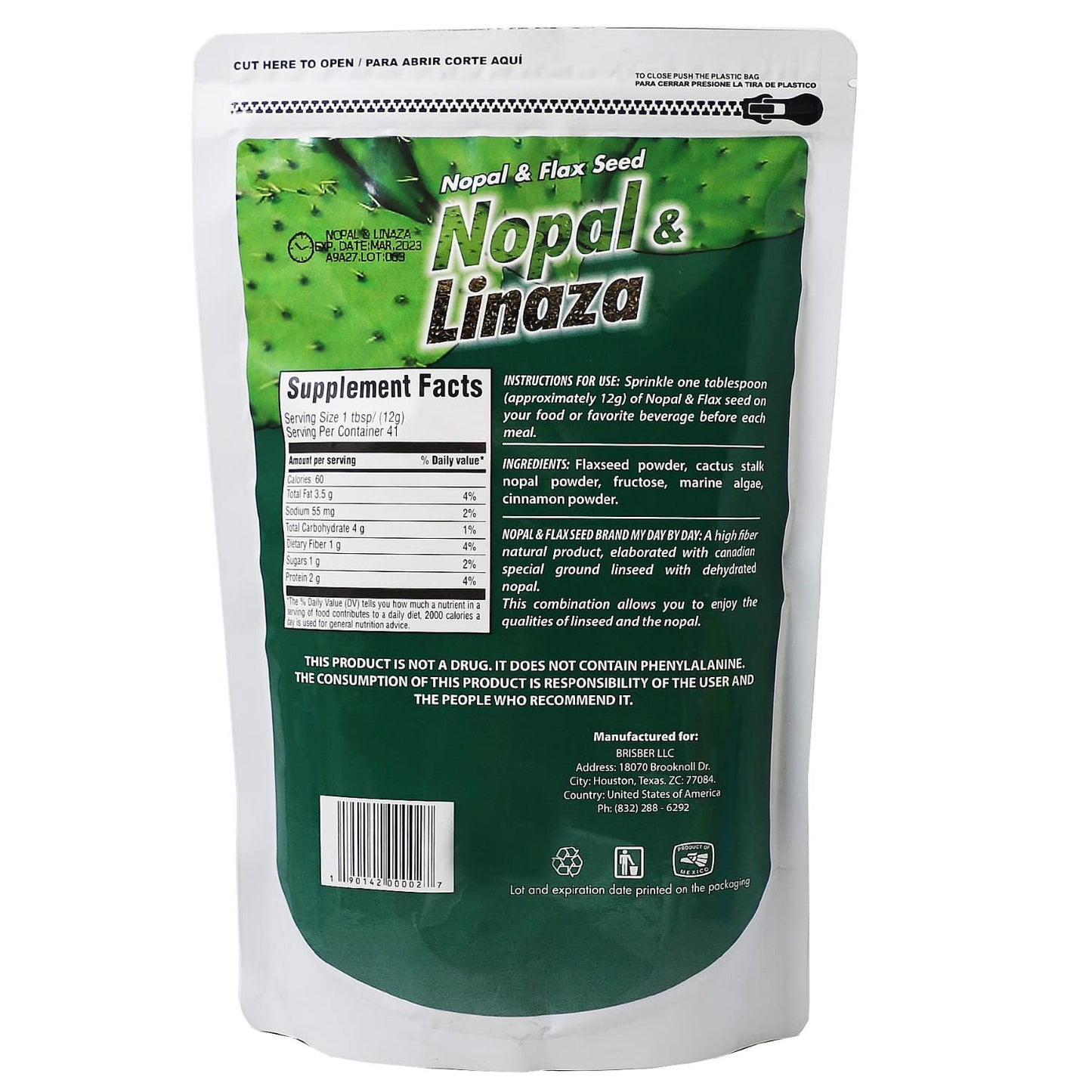 Back label of My Day by Day natural plant based fiber blend powder with nutritional facts