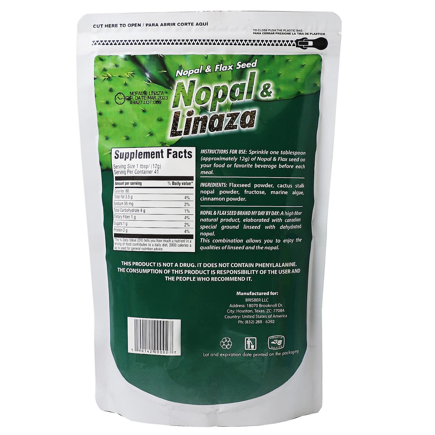 Back label of My Day by Day natural plant based fiber blend powder with nutritional facts