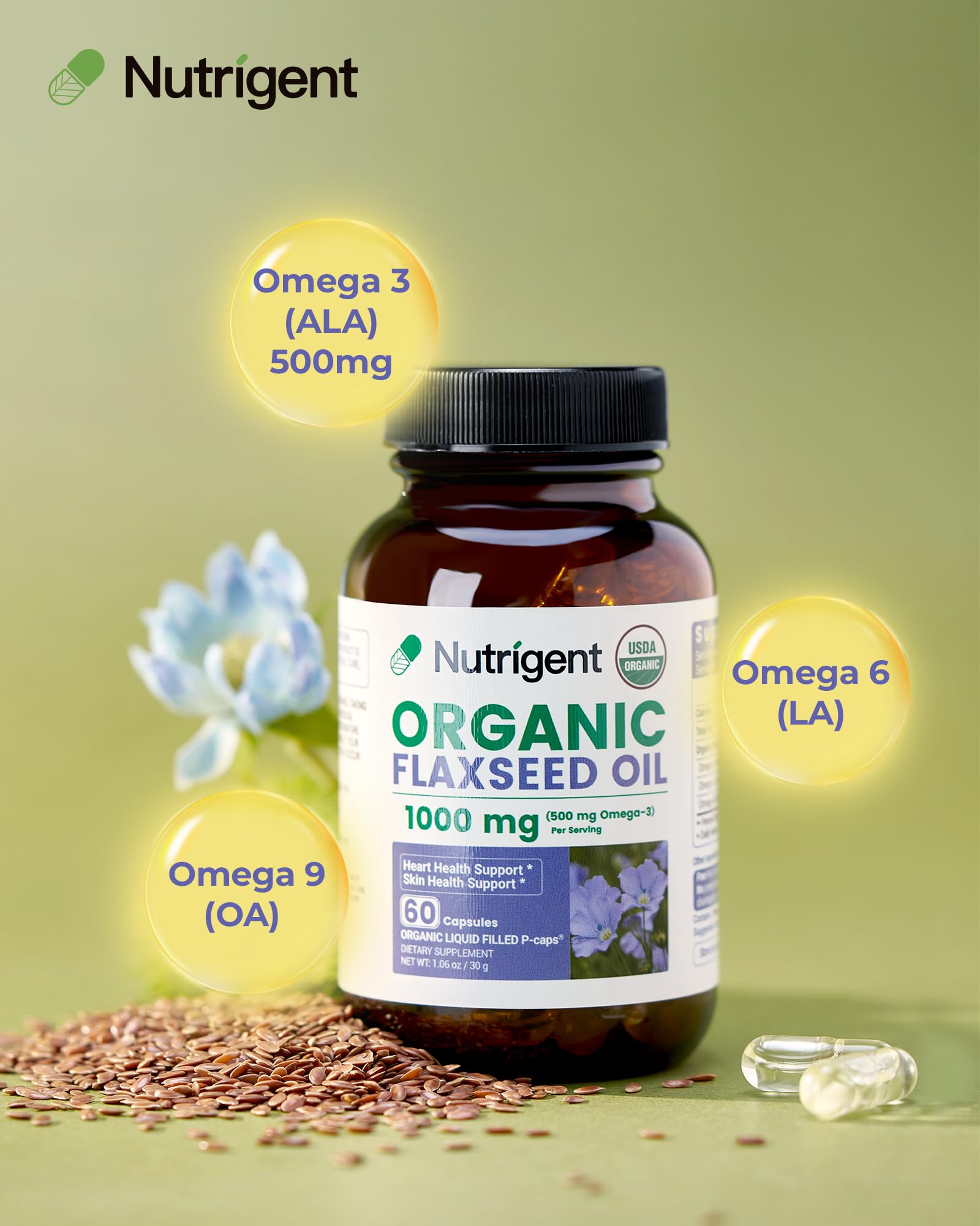 Nutrigent organic flaxseed oil 60 liquid filled capsules packaging displaying cold pressed purity details