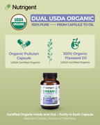 Supplement facts label on Nutrigent plant based omega 3 flaxseed oil capsule bottle