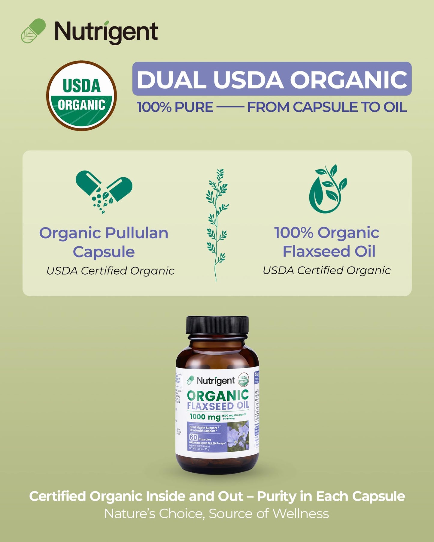 Supplement facts label on Nutrigent plant based omega 3 flaxseed oil capsule bottle