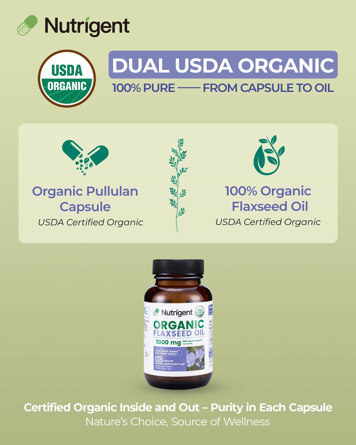 Supplement facts label on Nutrigent plant based omega 3 flaxseed oil capsule bottle