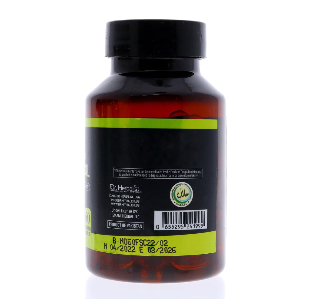 Back label of Dr. HERBALIST Flaxseed Oil 60 softgels displaying ingredient facts