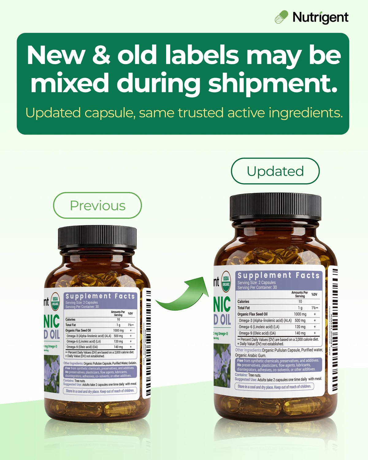 Nutrigent certified organic flaxseed oil 60 capsules imported wellness product