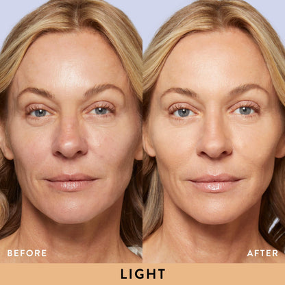 Laura Geller color correcting CC powder foundation inside open packaging showing multi-tonal swirls