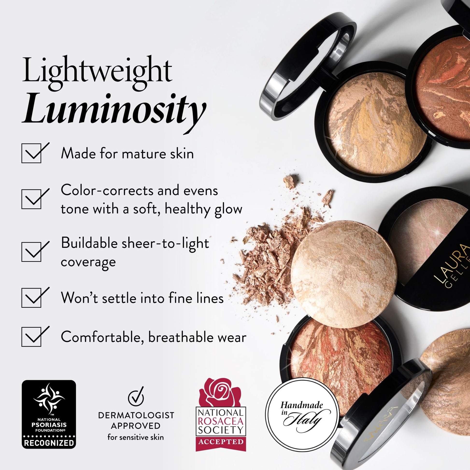 Satin finish baked powder foundation applied on light skin tone demonstrating sheer coverage