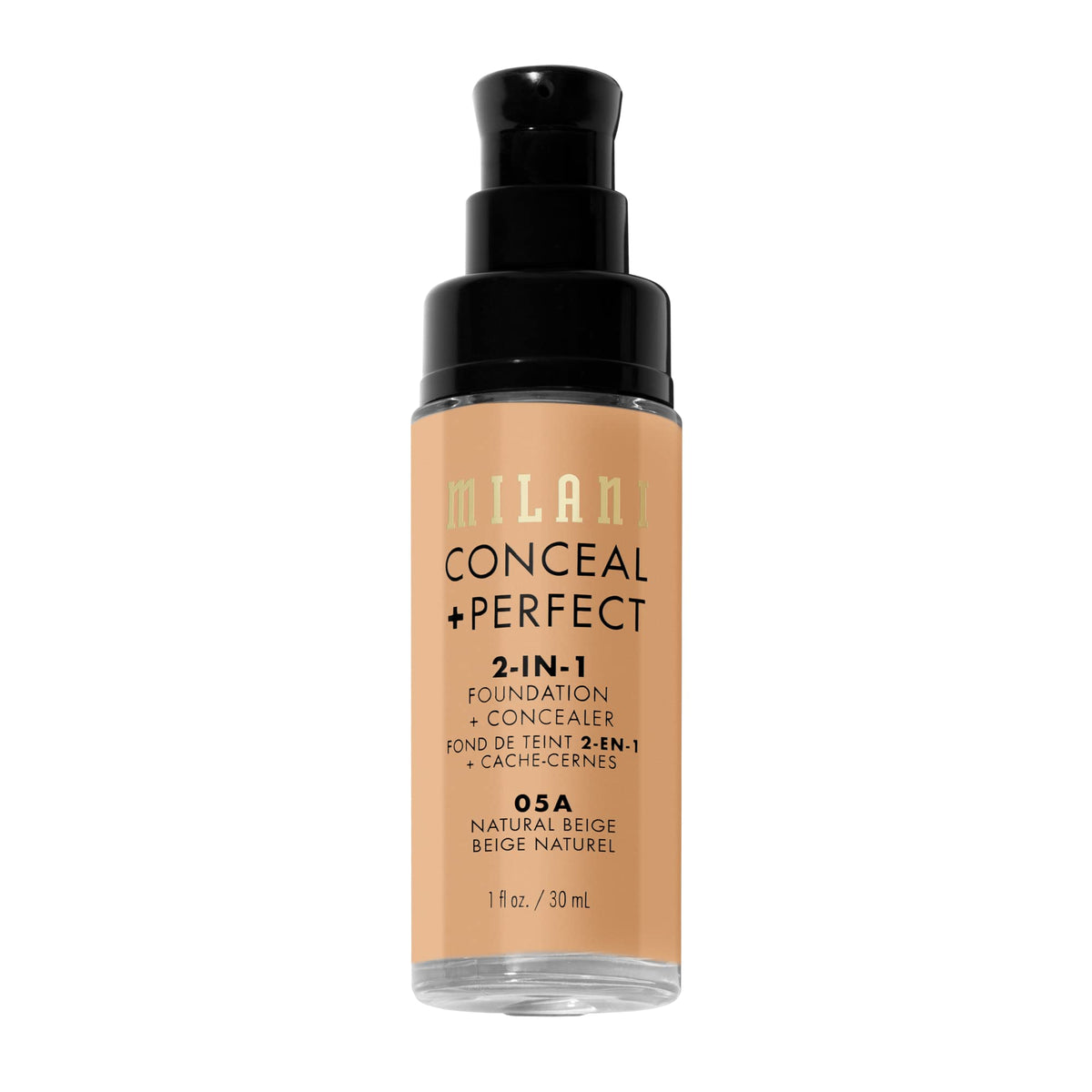 Milani makeup bottle back label with ingredients and shade details