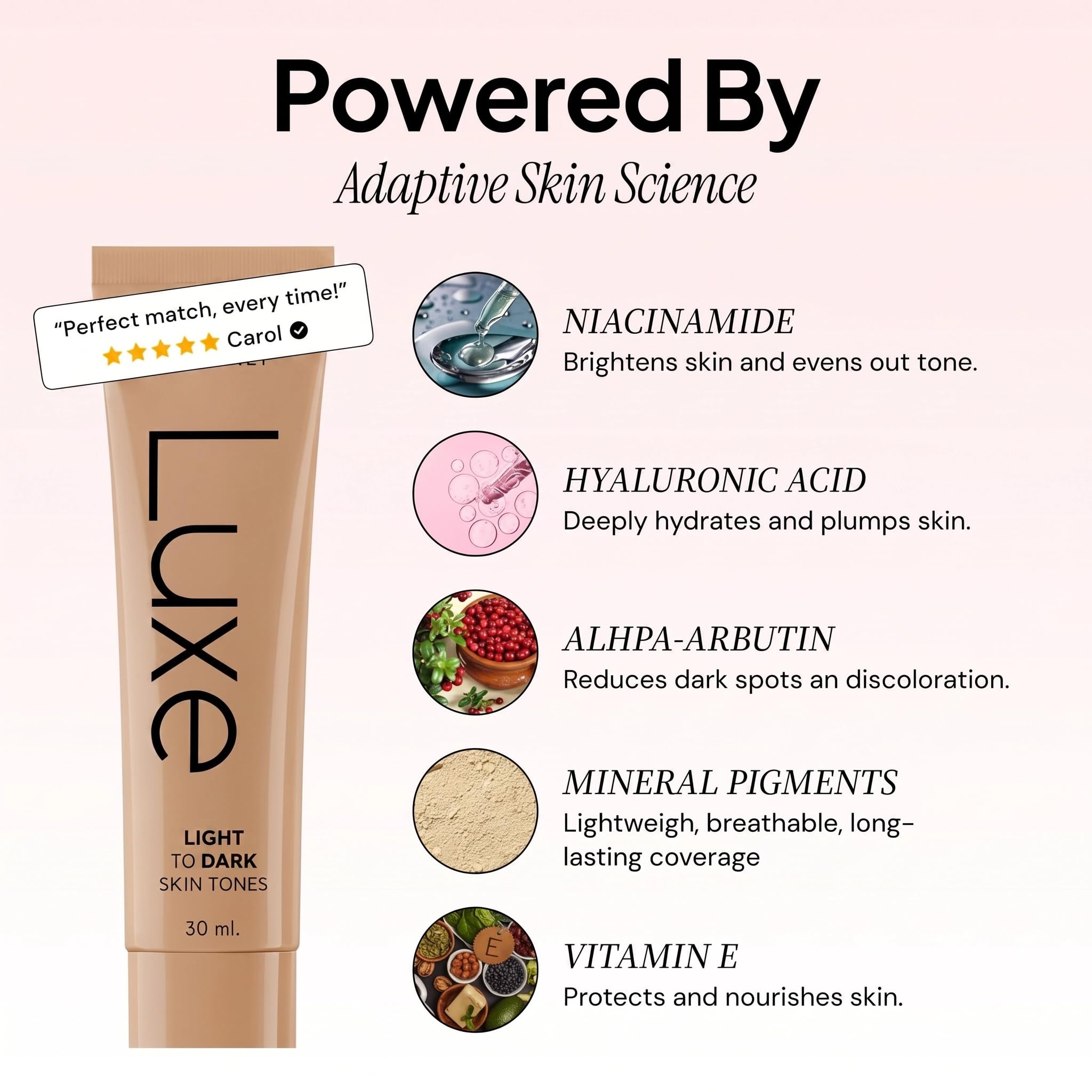 UNALUKA color correcting liquid foundation being applied to show the white-to-skin-tone transformation.