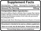 Side view of Planet Ayurveda Punarnava Mandur herbal tablets packaging outlining product specifications.