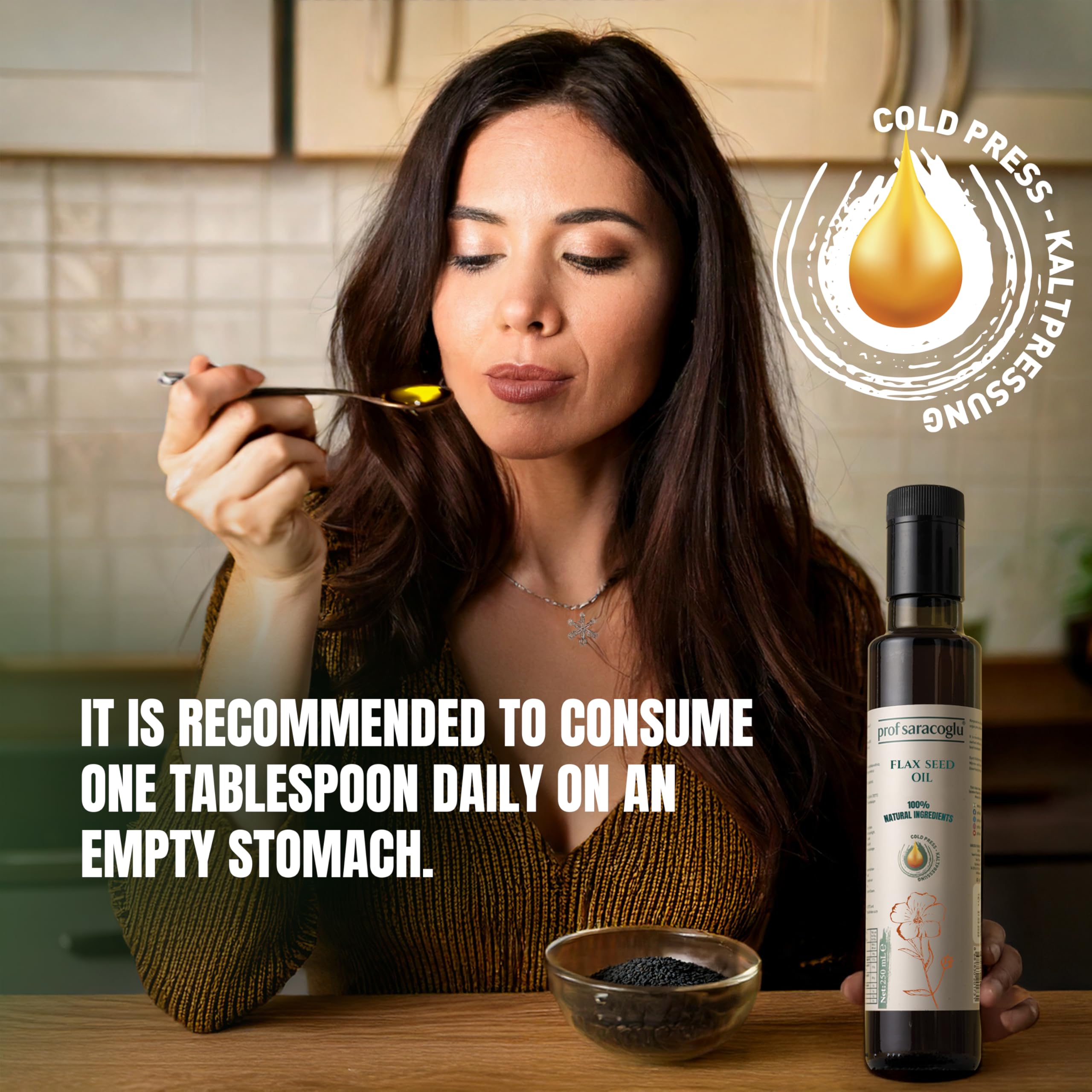Prof Saracoglu Flaxseed Oil nutritional facts label showcasing plant based ingredients