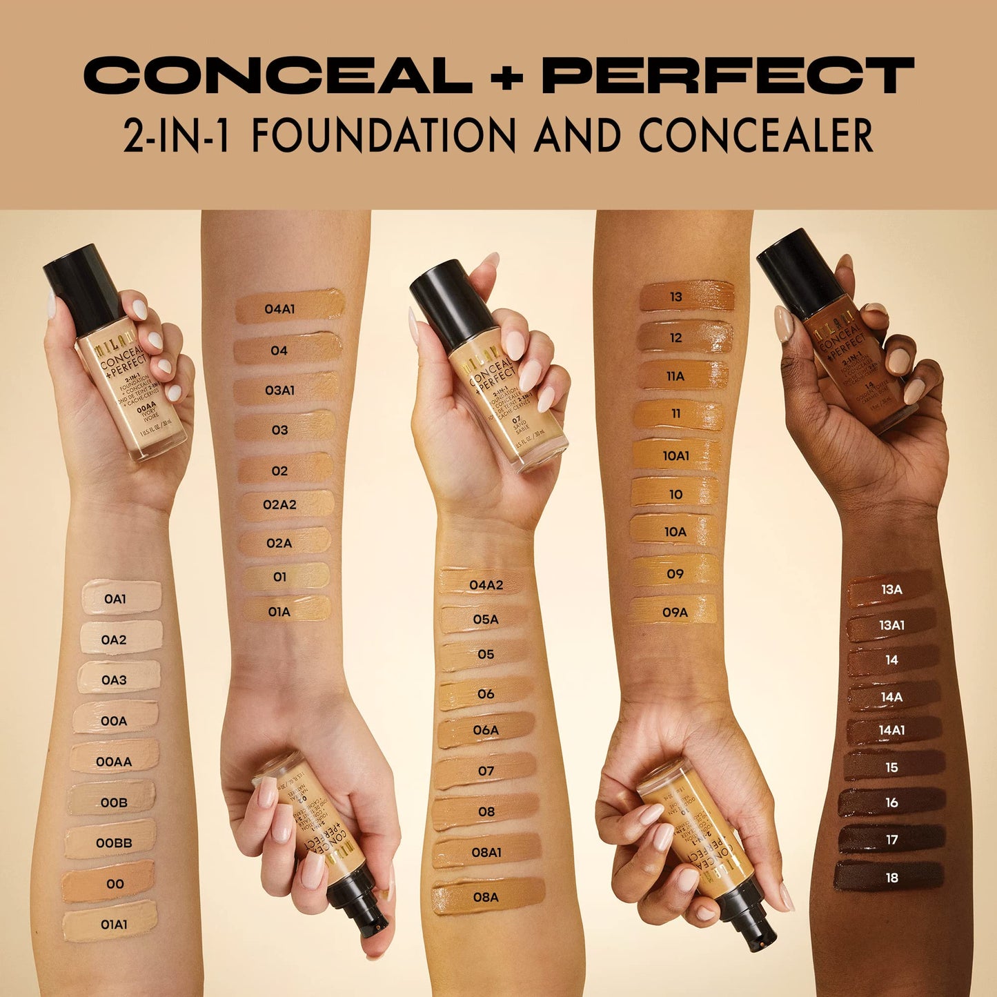 Milani Natural Beige medium to full coverage liquid foundation swatch on skin