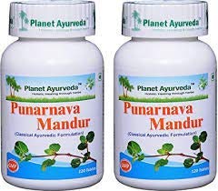 Planet Ayurveda Punarnava Mandur supplement container detailing authentic ingredients and usage instructions.