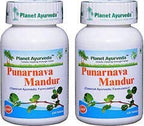 Planet Ayurveda Punarnava Mandur supplement container detailing authentic ingredients and usage instructions.