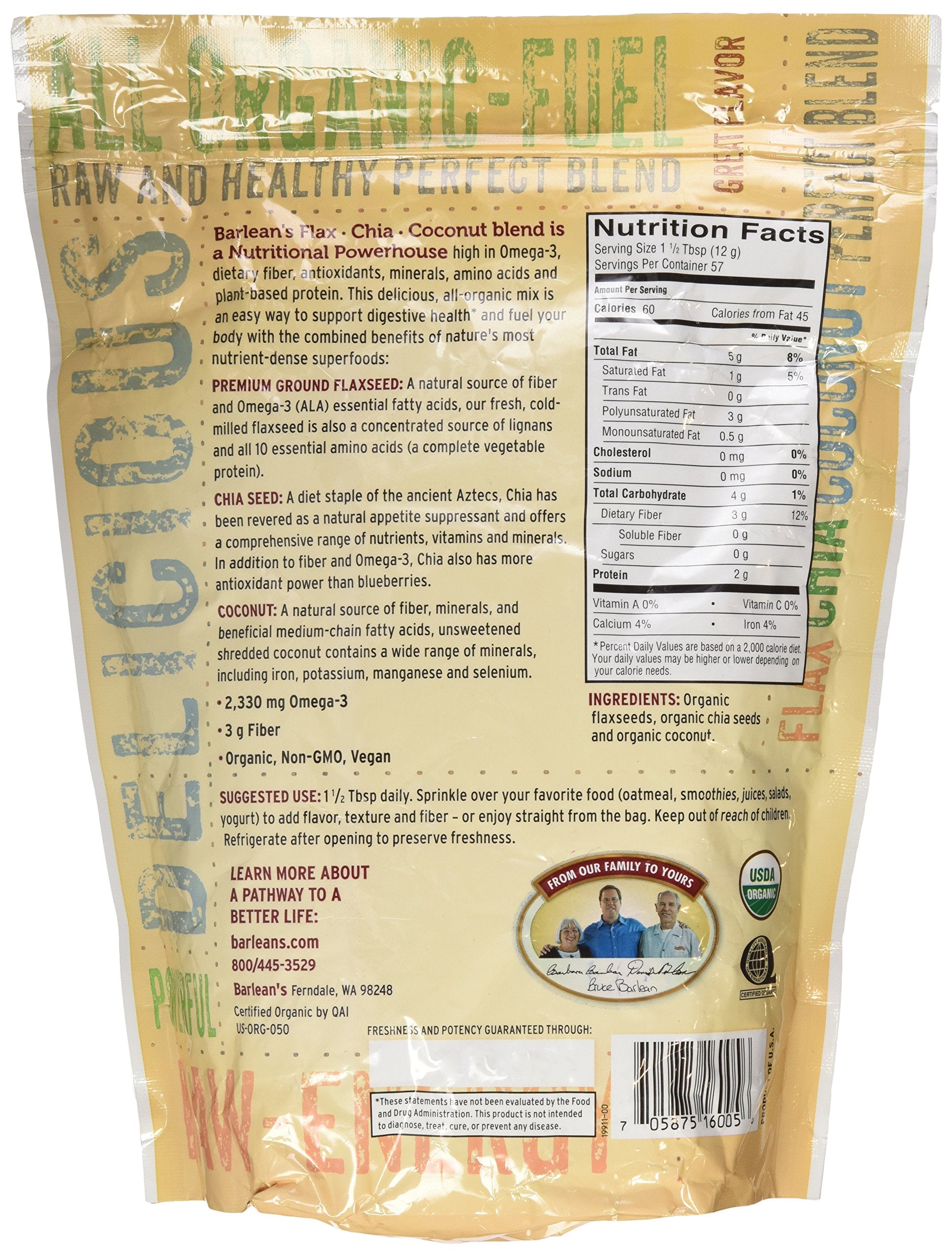 Barlean's Flax Chia Coconut Blend nutritional powder bag displaying USDA Organic logo for healthy smoothies.