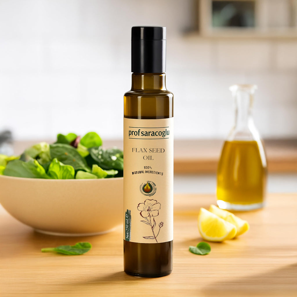 Prof Saracoglu Cold Pressed Flaxseed Oil being drizzled for daily health usage