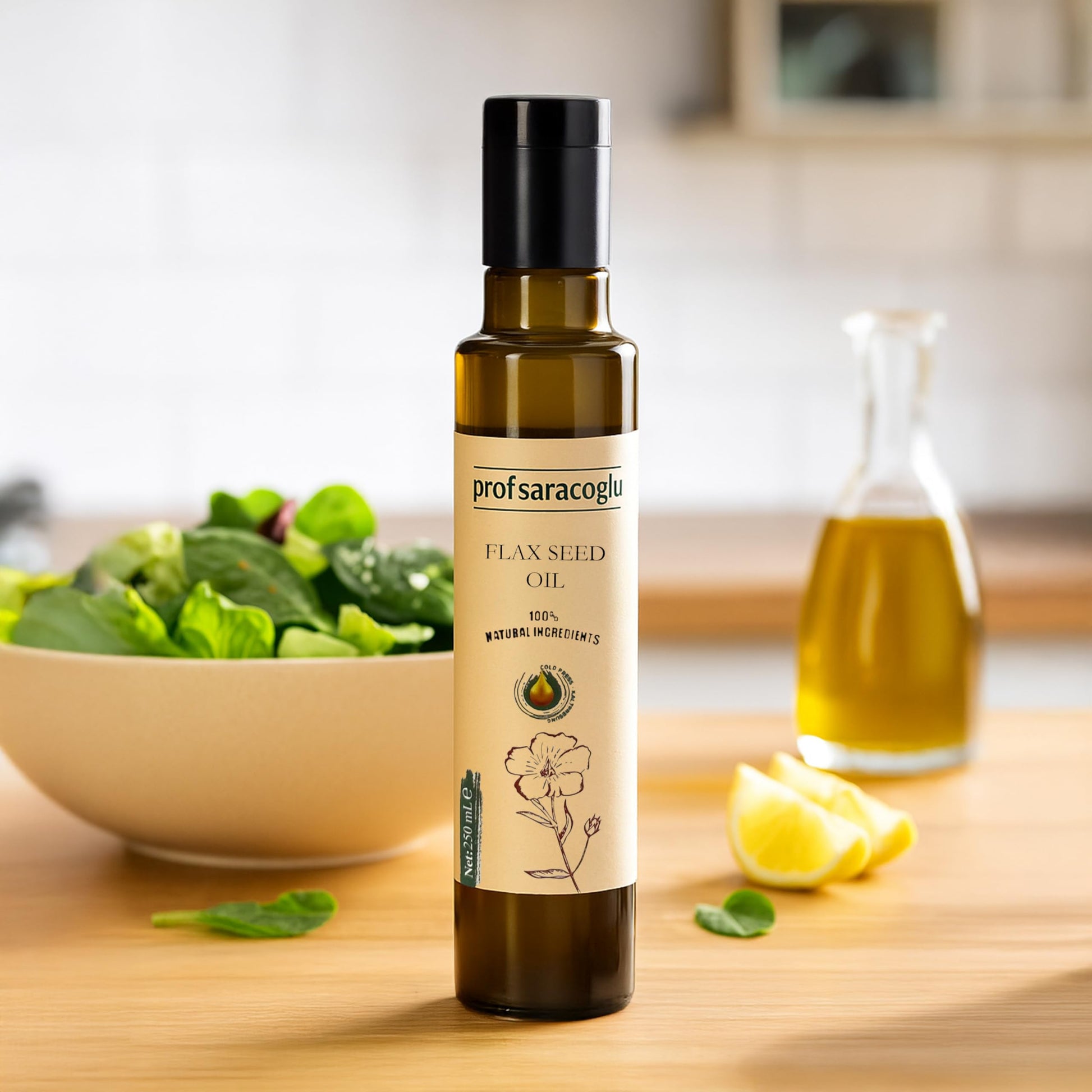 Prof Saracoglu Cold Pressed Flaxseed Oil being drizzled for daily health usage