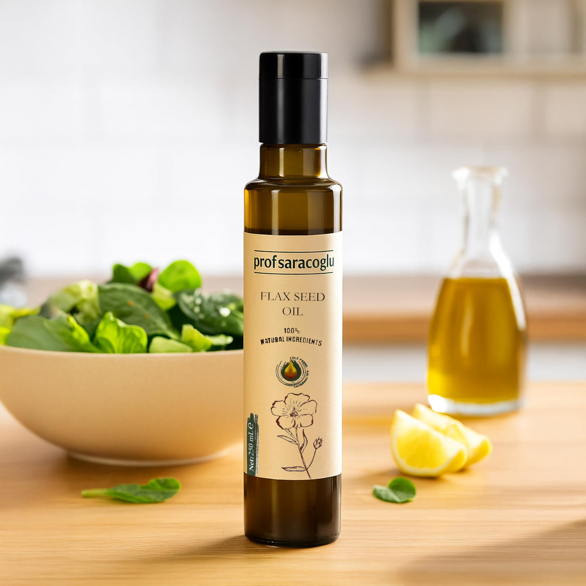 Prof Saracoglu Cold Pressed Flaxseed Oil being drizzled for daily health usage