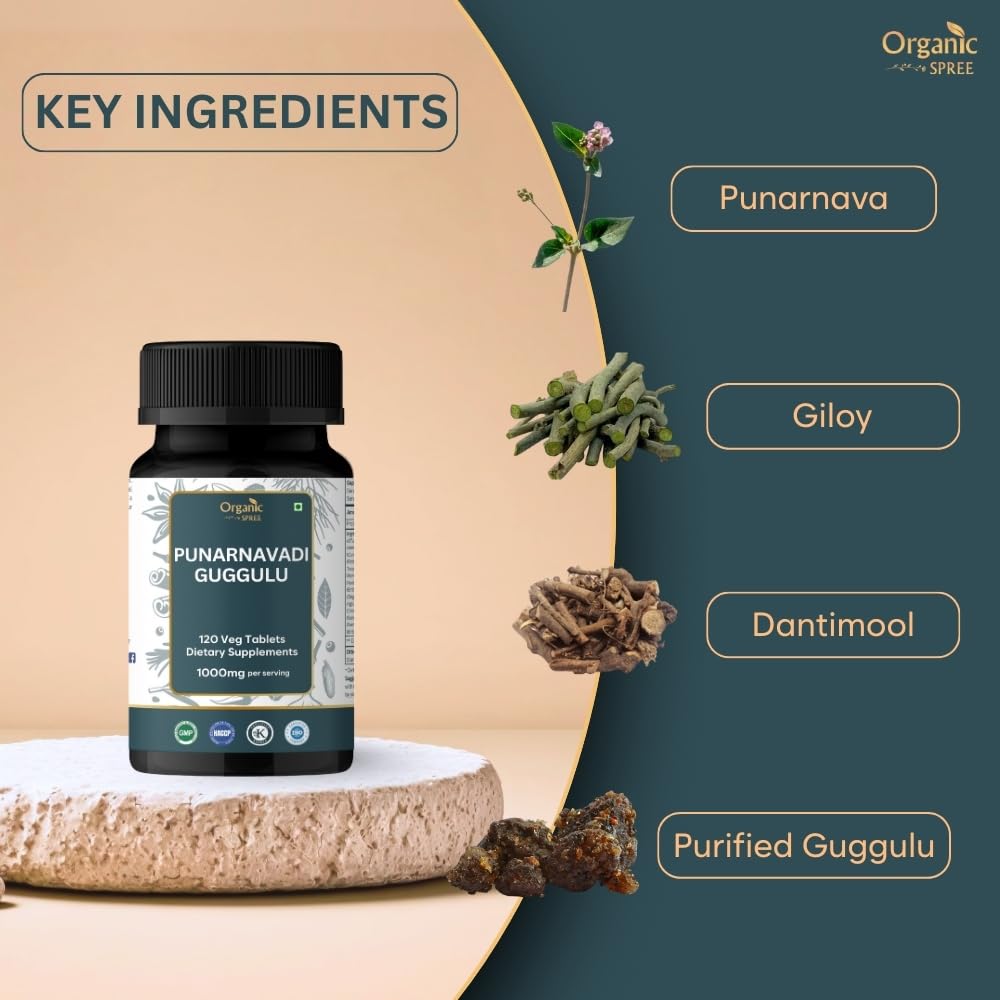 Organic Spree Punarnavadi Guggulu dietary supplement side label illustrating Ayurvedic herbal ingredients and directions
