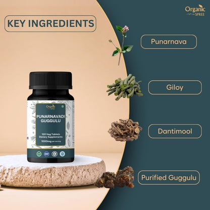 Organic Spree Punarnavadi Guggulu dietary supplement side label illustrating Ayurvedic herbal ingredients and directions