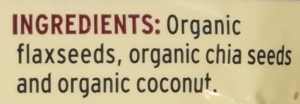 Back label view of Barlean's Flax Chia Coconut Seed Blend detailing Omega-3 content and ingredient facts.