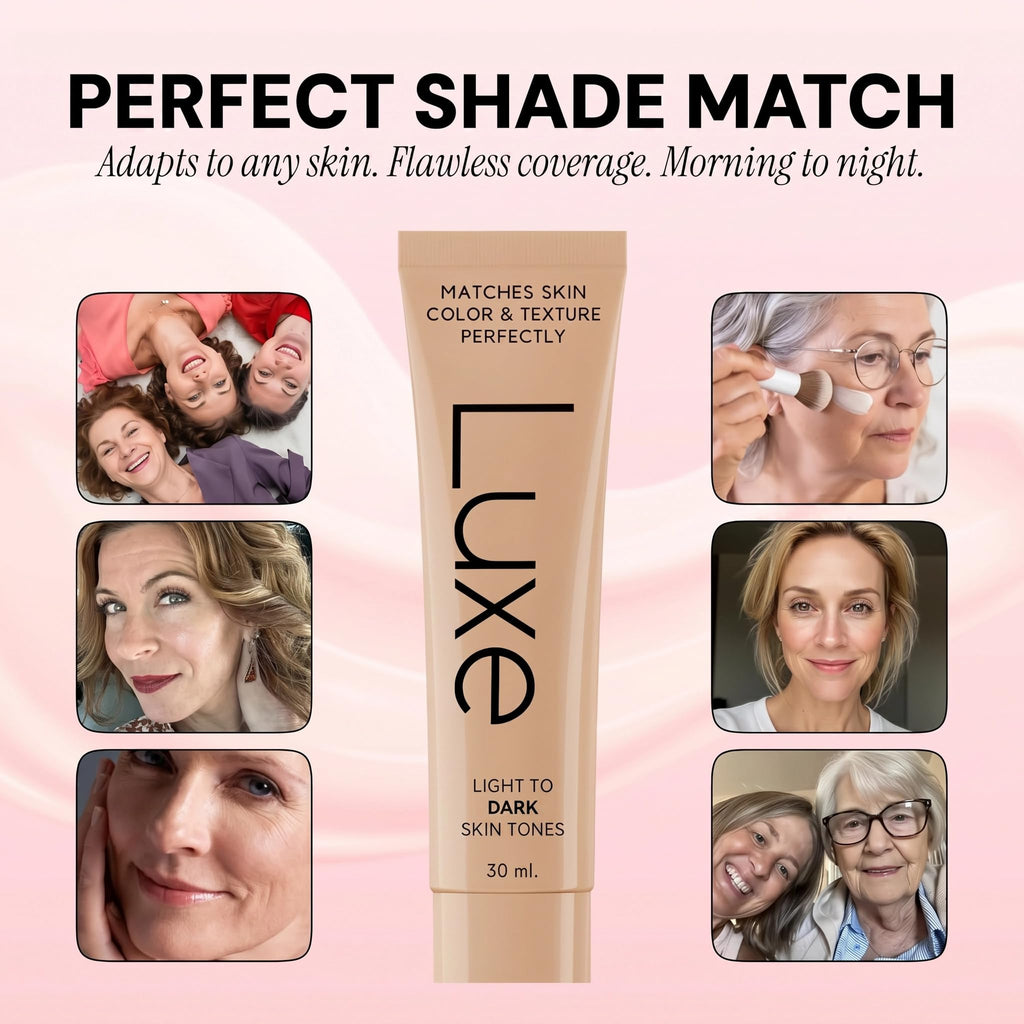 Luxe Cosmetics color matching liquid product before and after blending on skin.
