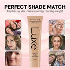 Luxe Cosmetics color matching liquid product before and after blending on skin.
