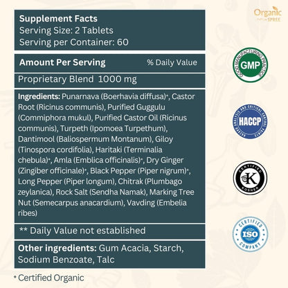 Organic Spree Punarnavadi Guggulu herbal kidney care supplement bottle packaging emphasizing traditional fluid balance properties