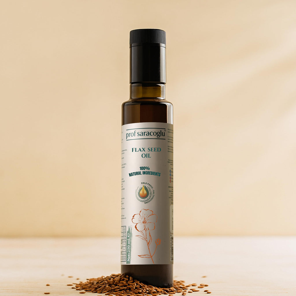 Prof Saracoglu Flaxseed Oil bottom view indicating natural plant based sediments