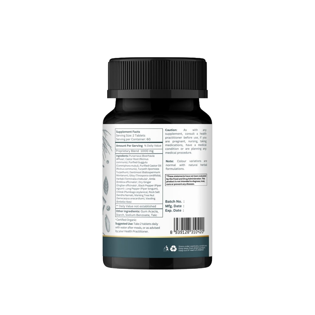 Organic Spree Punarnavadi Guggulu natural detoxification tablets back panel displaying comprehensive nutritional information guidelines