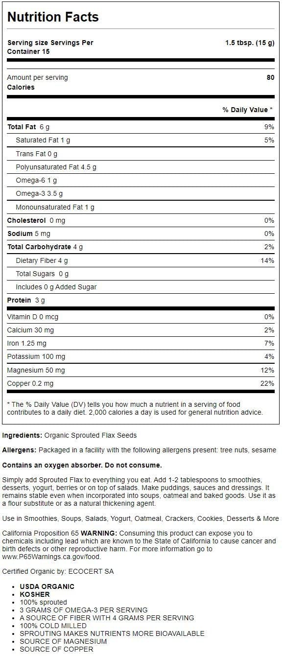 Cold milled organic sprouted golden flax seed powder nutritional facts and packaging layout