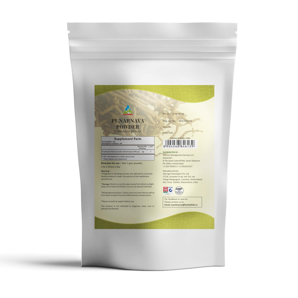 Herbal Hills Punarnava Powder 16 Ounces pure Ayurvedic supplement nutritional facts label