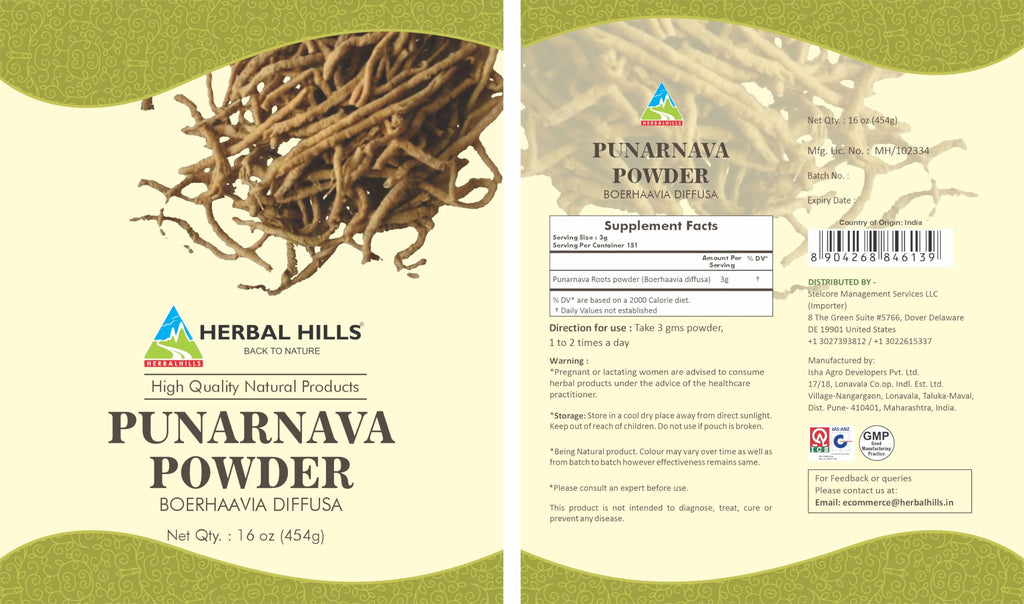 Herbal Hills Punarnava vegetarian and gluten free herbal powder back packaging directions
