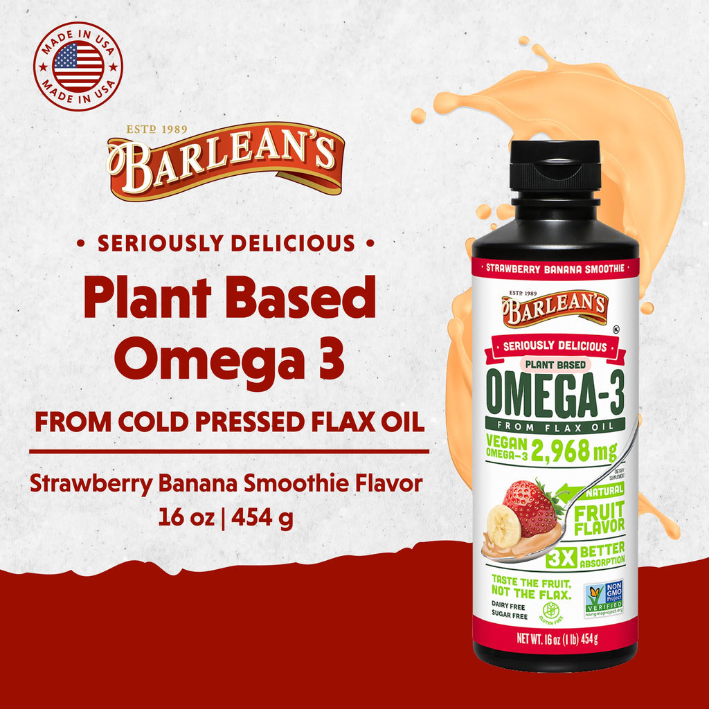 Barlean's Seriously Delicious plant based flax oil strawberry banana flavor emulsified formula
