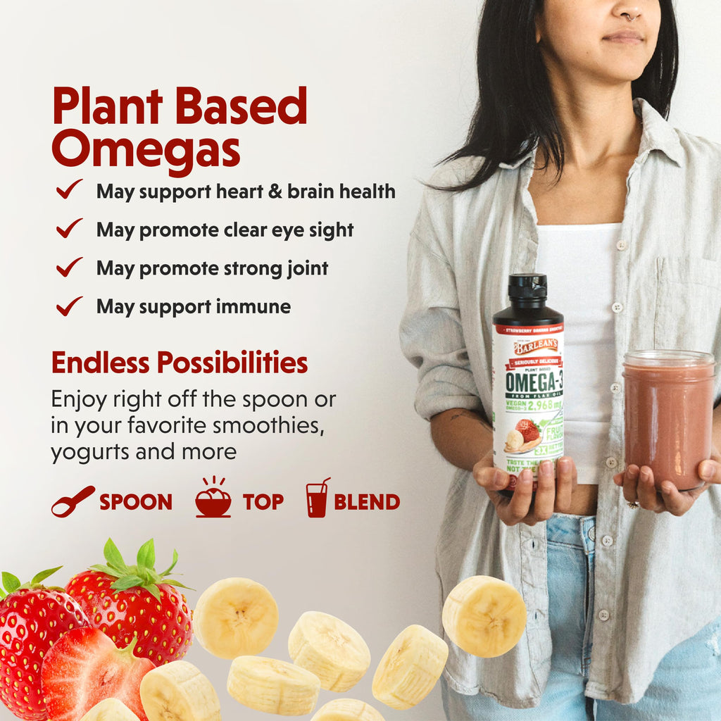 Back label view of Barlean's flaxseed oil liquid supplement showing 2968mg omega 3 content